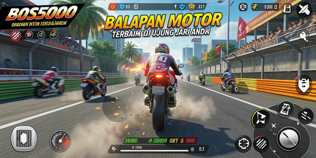 Screenshot gameplay BOS5000 dengan aksi balapan yang mendebarkan.