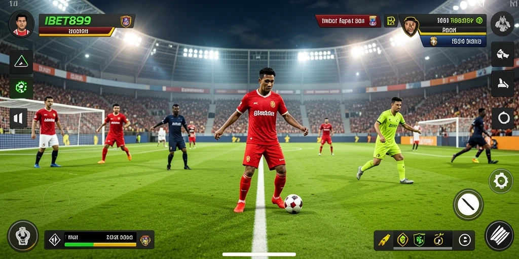 Screenshot gameplay IBET899 menunjukkan aksi seru di lapangan sepak bola.