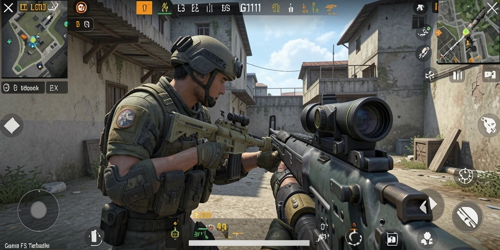Screenshot utama dari LG111 menunjukkan aksi menembak seru di medan perang.
