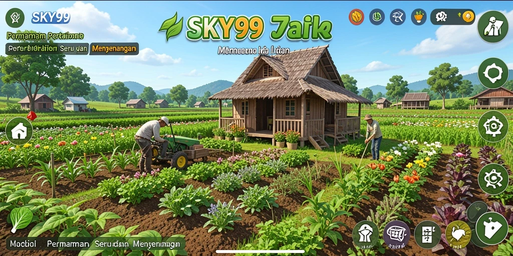 Tampilan gameplay <strong>SKY99</strong> yang menunjukkan aktivitas bertani yang seru.