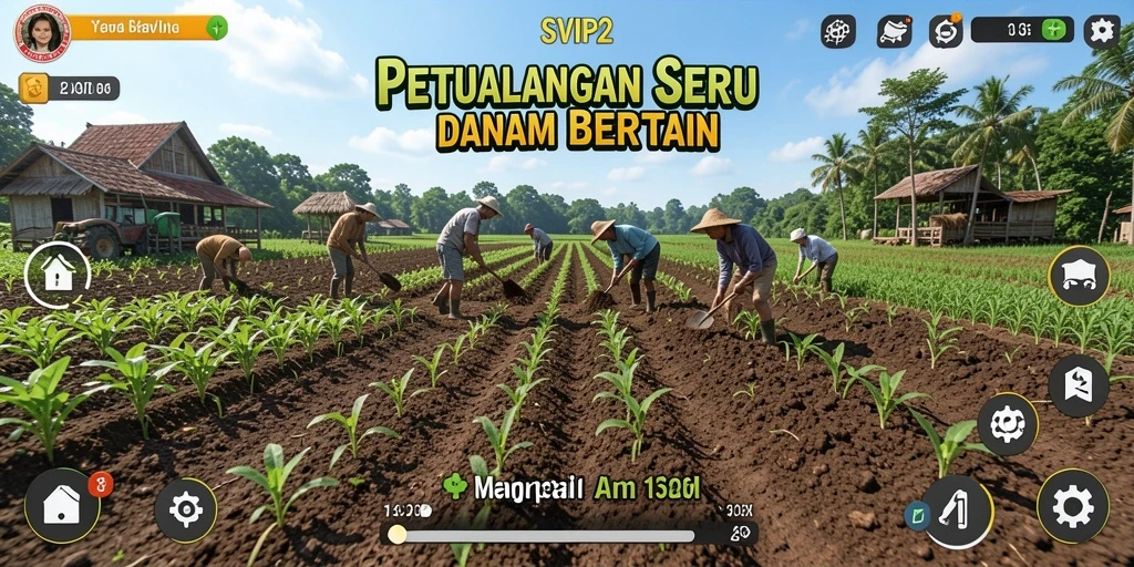 Tangkapan layar gameplay <strong>SVIP2</strong> menampilkan ladang subur dan hewan peliharaan yang ceria.