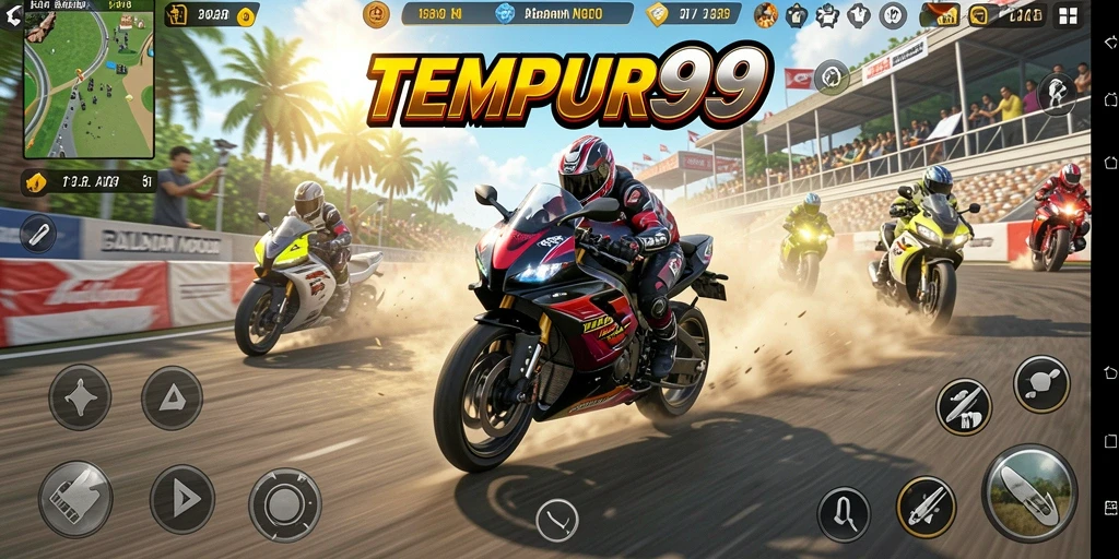 Gameplay seru TEMPUR99 dengan aksi balapan motor.